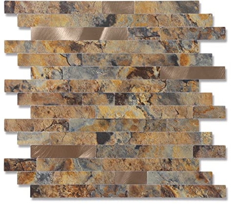 Yipscazo Piastrelle adesive in legno e metallo, per paraschizzi, cucina, bagno, lavanderia, camper, camino (30,5 x 30,5 cm, 1 foglio in pietra marrone)