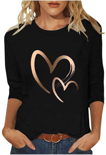 Ybing Maglia a maniche lunghe da donna con motivo a cuore, casual, maniche a 3/4, sottile, scollo rotondo, camicetta leggera, a maniche lunghe, sottile, taglie grandi, basic top in cotone, maglietta