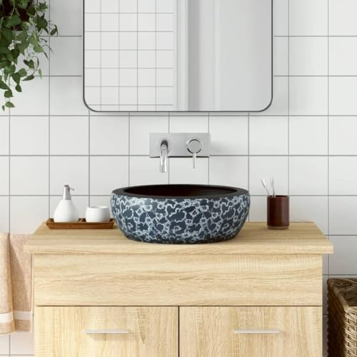 Gecheer Vasque à Poser Noir et Bleu Rond Φ41x14 cm Céramique, Lavabo de Comptoir Vasque à Poser, Évier de Salle de Bain pour Toilette, WC d'invités