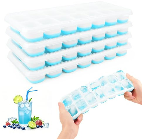 Bac à Glaçons, Lot de 4 Moule à Glaçons Silicone avec Couvercle, RISVOWO Ice Cube Tray Empilable, Carrés Bac Congelation, Glacon Moule Reutilisable pour Whisky, Cocktail, Glaces, Boissons(Bleu)