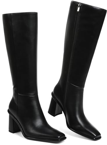 Grakihily Womens Black Knee High Boots Wide Calf Boots for Women Tall Boot Leather Long Square Toe Chunky Heel Fashion Dress Boot with Side Zipper,Size, 8.5