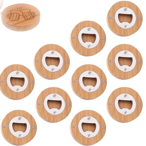 Magnetische Flaschenöffner Holz, 10 Stück Runde Bieröffner, Tragbarer Flaschenöffner aus Bambus, Mit Feldschwächung, Adsorbierbar für Personalisierte, Kühlschrankmagnete - 6 cm Durchmesser