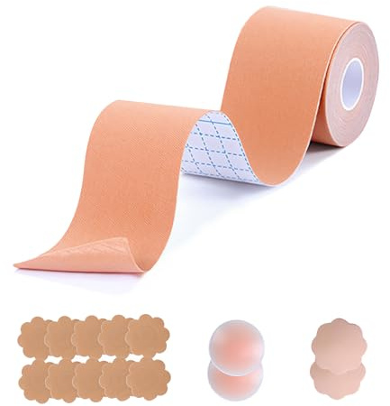 RUIOMII Boob Tape, Cinta Adhesiva Pecho Juego Incluye Cinco Pares de Parches para Pezones Y 36 Piezas de Parches Antideslizantes