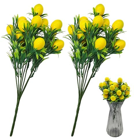 Hayaww 2 pcs Zitronenzweig Künstlich Gelb Mini Zitrone Lebensecht Künstliche Dekoration mit Blätter Zitronen Deko Künstlicher Zitronen Bonsai Gefälschte Obst Zweigstelle Simulation DIY Garten (A)