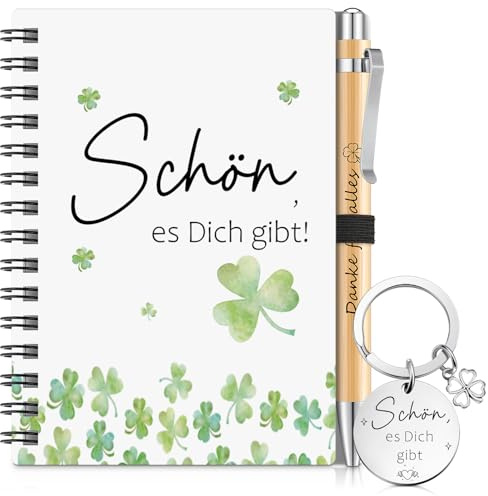 Sinmoe 3er Set Dankeschön Geschenke für Freund Kollegen inklusive 1 Spiral Notizbuch mit 1 Kugelschreiber und 1 Schlüsselanhänger Geburtstagsgeschenk für Freund Freundin Kollegen Schön es Dich gibt