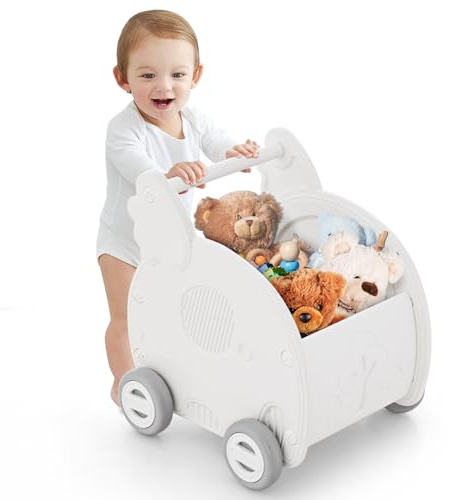 COSTWAY 2 en 1 Chariot de Marche en HDPE avec Forme Éléphant & Motif d’Arbre, Marcheur D'Apprentissage Bébé avec Espace de Rangement & 4 Roues & Poignée, Trotteur Bébé de 3 Ans+
