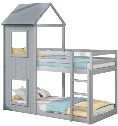 Treehouse Design Wooden Bunk Bed Frame with Roof and Windows,Solid Pinewood Construction,Secure Safety Rails and Ladder, Space-Saving Mid-Sleeper for Bedroom or Playroom Fun Adventure (Grey,Single)