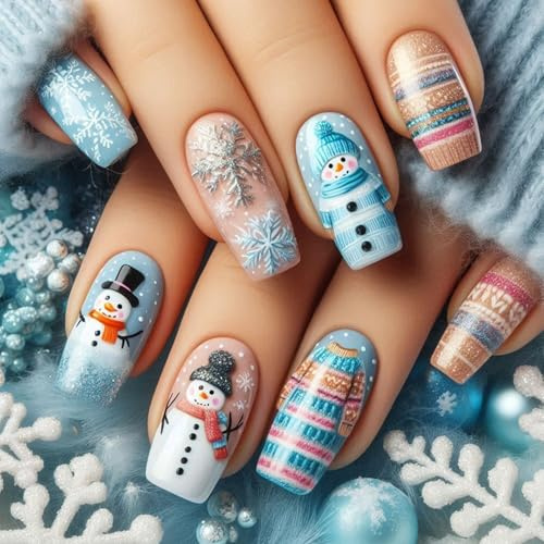 Viugex 24 Pièces Noël Faux Ongles Autocollants Long Carrés, Français Bleus Press on Nails avec Flocons de Neige, Pull & Bonhomme de Neige, Réutilisables Acryliques Ongles à Coller pour Femmes