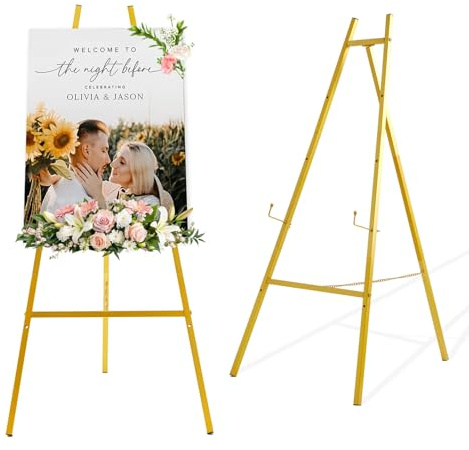 Milostelom 43.5 Gold Metal Easel Stand for Sign, Heavy Duty Folding Easel for Wedding Welcome Sign, Decorative Easel for Mirror, Art, Photo, Adjustable Painting Display 4-Tier Height
