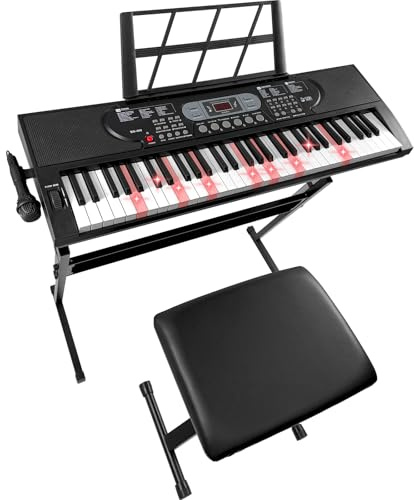 Jacgood Electronic Piano Keyboard 61 Key with Lighted up Keys | for Beginners, Bench, Tablet / Sheet Music Stand, 200 Sounds, Speakers, Microphone, Note Stickers, 3 Teaching Modes