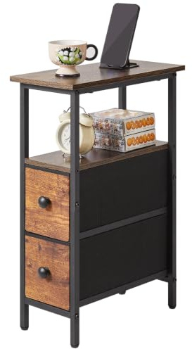 YMYNY Mesa Auxiliar Estrecha, Mesita de Noche con Dos Cajones Tapizados en Tela, Mesa Auxiliar Sofa Adecuada para Salon dormitorios, Marrón rústico HST019H