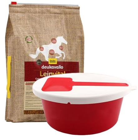 Deukavallo - Set di mangime per cavalli e semi di lino senza cereali, 6 kg + 5 l, ciotola con coperchio e cucchiaio da maschera, cibo per cavalli sensibili e cambio del pelo (rosso)