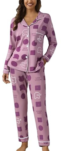 Generisk dam pijamas set bomull, dampyjamas lång vinter mjuk ledig nattkläder bekväma pyjamasbyxor och pyjamasöverdel 2 delar casual loungewear set mysig hemmadräkt, lila, XXL