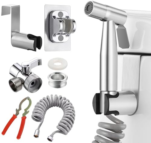 Handheld Bidet Sprayer Kit, Warm Water Compatible Toilet Attachment with 2m Spring Hose, Wall or Tank Mount, Shattaf for Personal Hygiene, Baby & Pet Cleaning