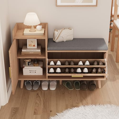 Banc à chaussures d'entrée avec coussin, bois naturel – Meuble à chaussures avec siège et tiroir, banc de rangement en bois avec assise rembourrée pour entrée, salon et couloir (100 x 35 x 69,5 cm)