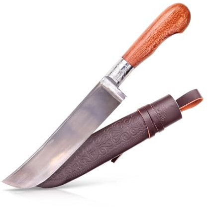 ZARENHOFF Usbekisches Kochmesser mit Scheide - Traditionelles Messer Pchak aus Kohlenstoffstahl Handgeschmiedet - Allzweck-Küchenmesser mit Ahorn Holz-Griff (17 cm)