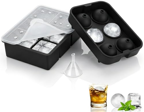 2 Piezas Cubitera Silicona, Cubiteras para Hielo Grande con Tapa y Embudo Liberación Fácil Molde Hielo Redondo y Cuadrado Ice Cube Tray Sin BPA para Whisky Cócteles Alimentos para Bebidas Refrigeradas