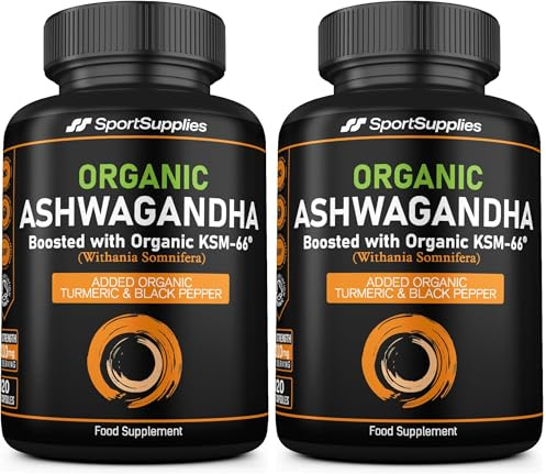 Organic Ashwagandha Capsules 1200mg - Boosted with 1000mg of Organic KSM-66 with 5% Withanolides (from 100mg Extract Ratio 10:1) - Added Turmeric 100mg and Black Pepper - UK Manufactured (Pack of 2)