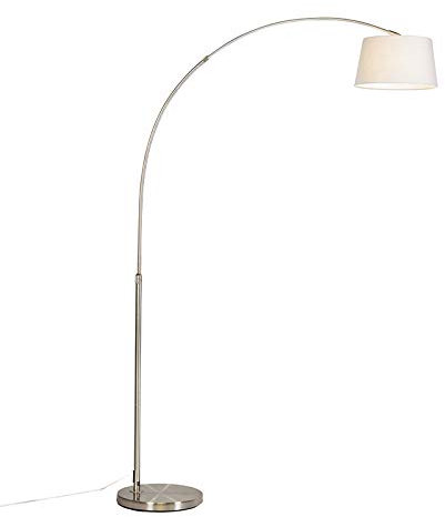 Qazqa - Modern Arc Floor Lamp I Arc Floor Light Steel I Nickel Matt I Satin with White Fabric Shade - Arc Basic- - Modern - Suitable for LED E27 | 1 Light - Steel Arc lamp - Suitable for Living Room