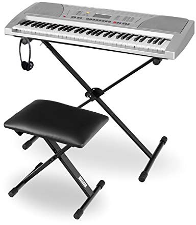 Funkey Super Kit 61 Tasten Keyboard Set - Einsteiger Keyboard mit 100 Sounds & Rhyhmen - Inklusive Stativ, Sitzbank und Kopfhörer - Silber