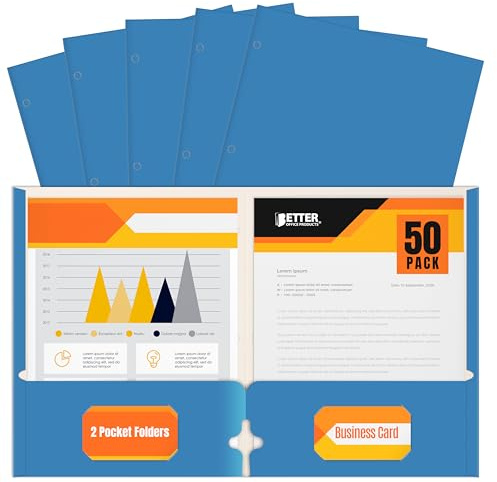 Better Office Products Two Pocket Portfolio Folders, 50-Pack, Light Blue, Letter Size Paper Folders, 50 Pieces, Lt. Blue