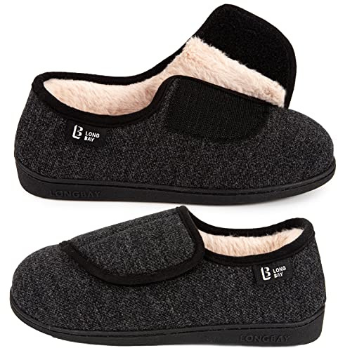 LongBay Diabetic Slippers Woman Comfy Cozy Furry Memory Foam House Shoes for Arthritis Edema (9 B(M), Black)