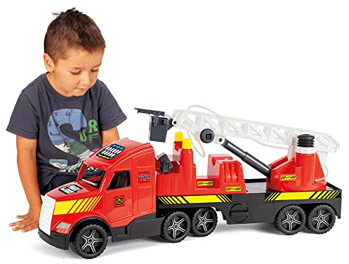 Wader Magic Truck Action Feuerwehr, Feuerwehrauto mit fluoreszierenden Lichter, L = 79 cm, ausziehbaren Leiter, inkl. Korb für Feuerwehrmann, Wasserspritze, ab 3 Jahre