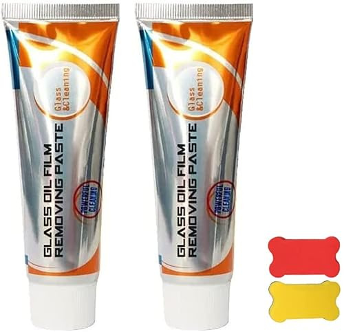 50g Glas Stripper Wasserflecken Entferner Autoglas Öl Film Entferner Paste, Glas Stripper Wasserflecken Entferner, Auto Windschutzscheibe Schmutz Reinigungscreme mit Schwamm (2Stück)