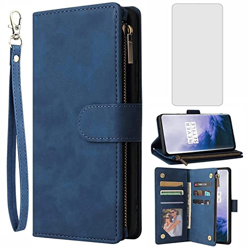 Asuwish Funda para OnePlus 7 Pro con lámina protectora de pantalla y compartimento para tarjetas, plegable, piel, monedero, soporte con cremallera, 7Pro GM1913, protector de pantalla blindado,