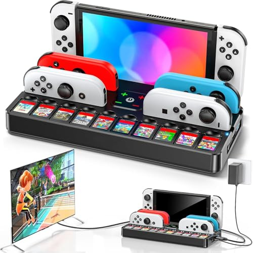 Switch Docking Station for TV with Controller Charger, Replacement for Switch TV Dock with HDMI Adapter, Nintendo Switch Charger Base Station Portable Charging Dock with 10 Game Slots