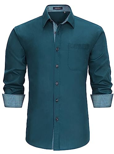 HISDERN Mens Shirts Teal Long Sleeve Shirt for Men Formal Button Shirts Causal Regular Fit Dress Shirt L