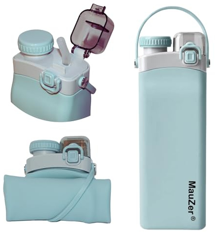 Mauzer® Faltbare Trinkflasche mit Strohhalm - Auslaufsicher, 600ml Wasserflasche aus Silikon, BPA frei - Ideal für Kinder, Sport, Reisen, Camping, oder Festival (Blau)