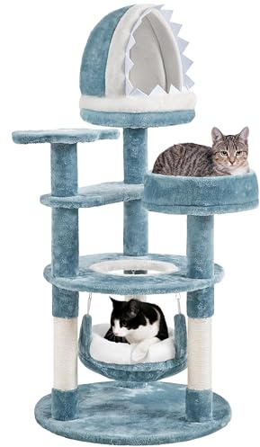 Yaheetech Kratzbaum Ozean Design Katzenbaum mit Hängematte in Quallenform | In maritimen Stil | mit Plattform in Seestern-Form & Höhle in Haifischmauls-Form (Abnehmbar) | FSC-zertifizierte Spanplatten