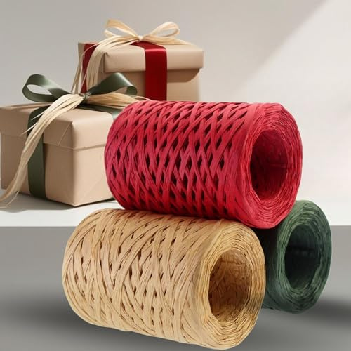 300 m natürliches Bastband – 3 Rollen Papierschnurband in Grün, Rot und Naturfarbe, 100 m jede Rolle, Bastelbastband für Geschenke, DIY, Bastband, Geschenkband für Weihnachten, Bastband