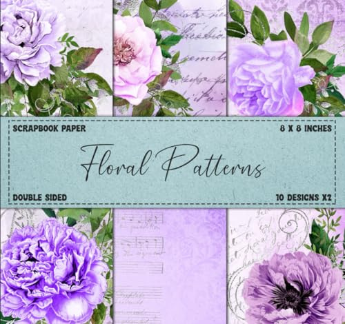 Scrapbook Paper: Floral Patterns, Lilac and Silver Colored, Flowers Designs, Double Sided 8 x 8 Sheets