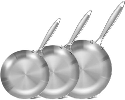 LOLYKITCH Set di 3 padelle in acciaio inox a tre strati da 21,5 a 25,4 - 30,5 cm, set di pentole a induzione, adatte per forno e lavastoviglie, manico rivettato