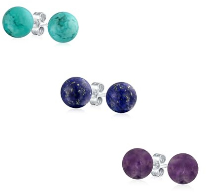 Set Von 3 Einfachen Blauen Lapislazuli Violetten Amethyst Und Türkisfarbenen Edelstein-Rundkugel-Ohrringen Für Frauen. 925Er Sterlingsilber 6MM