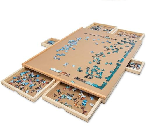 LBMED Adjustable Wooden Jigsaw Puzzle Board, 1000 Piece Puzzle Table with 6-block Memory Cell Design, Large Capacity, Smooth and Burr-free, Show Charm, for Kids Gift