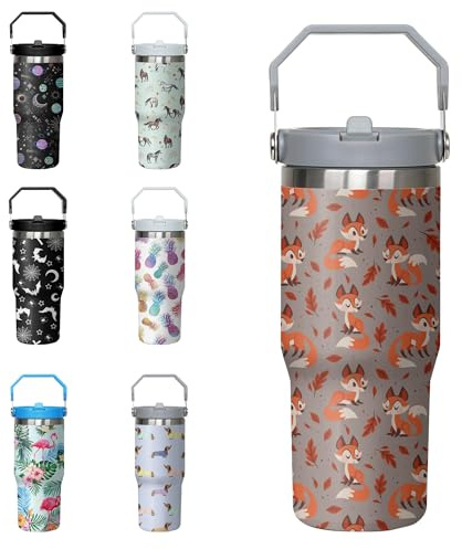 Xchearser Fox Tumbler with Handle and Flip Straw for Women Men, 30oz Cute Stainless Steel Insulated Cup, Water Bottle Travel Coffee Mug, Gifts for Animal Lovers