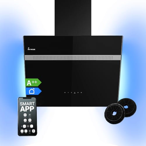 Dunstabzugshaube 60 cm | Wandhaube | kopffrei | schwarz | Glas | Abluft | Umluft | Schräghaube | WiFi Smart App | RGBW-LED-Beleuchtung | Touch Bedienung | ALPINA609HC