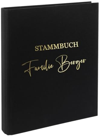AWASG Dokumentenmappe Stammbuch - Personalisiert mit Namen - Ringbuch Ordner für die Familie - Familienordner Leinen zum Einsortieren von Unterlagen (schwarz)
