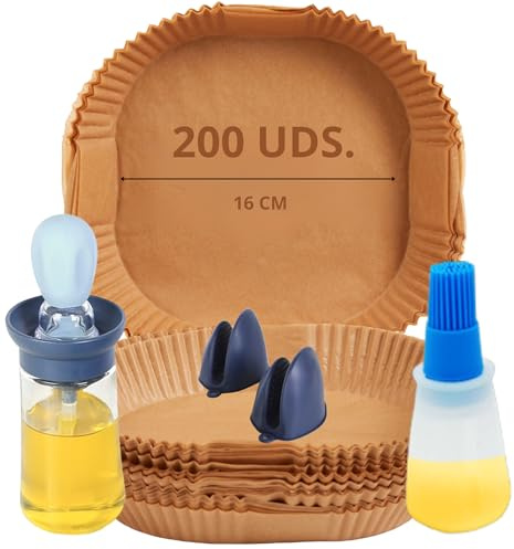 MyPicompany Papel para Freidora de Aire 200 Piezas 16 cm Dosificador Aceite, Aceitera Brocha Guantes Moldes Antiadherentes Cuadrados