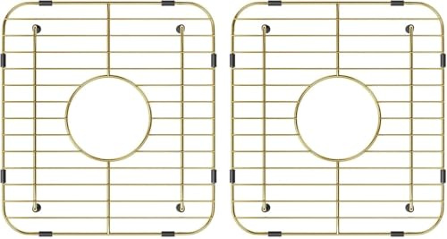 2 Pack of Gold Metal Kitchen Sink Racks,13L X 11.6W,Stainless Steel Sink Protectors with Centered Drain Hole, Universal Double Bowls Sink Bottom Grid with Strainers