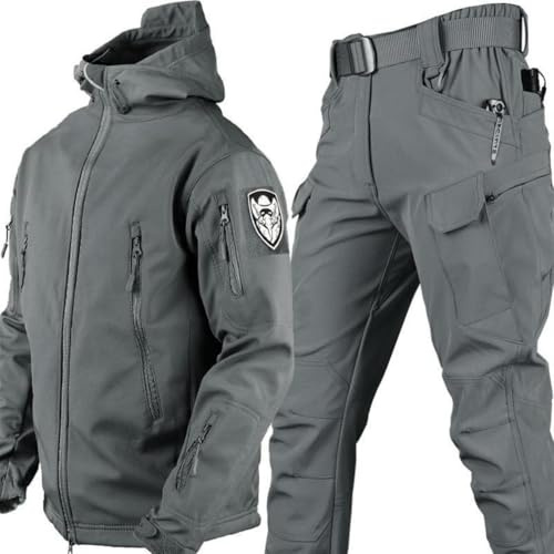 TAUIANE Taktische Jacke Und Hose FüR Herren, MilitäRische Softshell AnzüGe, wasserdichte Tarnuniformen, Armee KampfanzüGe, MilitäRkleidung, Jagdbekleidung, Hosen,Grau,XL