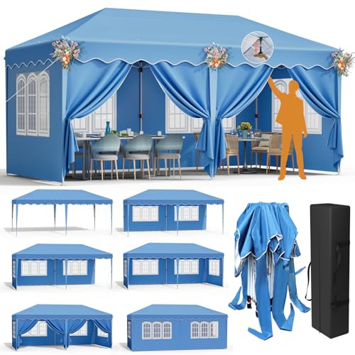 LIFERUN Paviljong 3 x 6, en push hopfällbar paviljong 3 x 6 vattentät stabil, popup paviljong vintersäker, trädgårdspaviljong med 4 sidodelar, festtält, för strand/festival/camping/marknad, blå