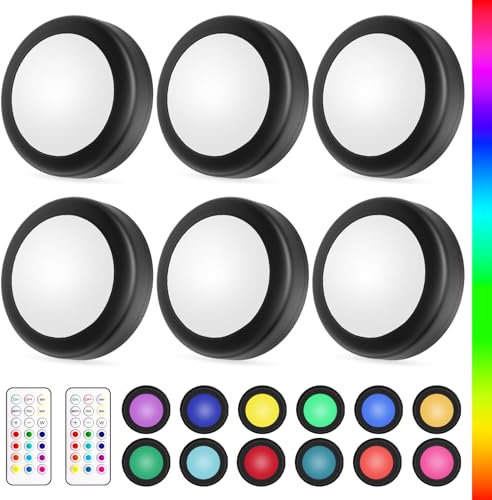 Yiliaw LED Puck-Lichter mit Fernbedienung,AA-Batteriebetriebene Lichter,12 Farben Schrankbeleuchtung,Unterbauleuchten,Drucklichter,Unterschrankbeleuchtung für die Küche,6er-Pack,Weiß
