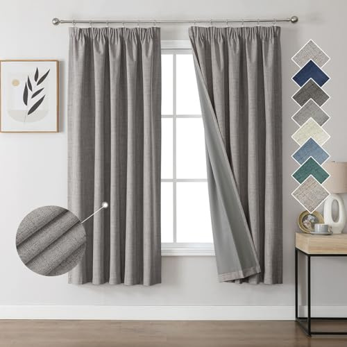Joydeco 100% Verdunkelungsvorhänge Leinen Gardinen mit Kräuselband 2er Set H137xB117cm Hellgrau, Thermovorhang Kälteschutz Blickdicht Schallschutz Ideal für Wohnzimmer passt zu Schienensystemen