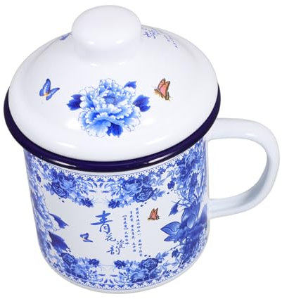 OSOLADY Taza de Esmalte Vintage con Tapa 500 Ml 9 Cm Taza de Té y Agua Ligera Acero Esmaltado para Hogar Oficina y Viajes