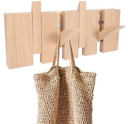 Biojindsc Natural Wooden Coat Rack Wall Mount, Piano Hooks for Hanging,Home Decorative Wall Coat Rack,Wooden Coat Hooks for Hanging Jackets/Keys/Hats/Robes and Towels/Plants/Bags (Raw Wood, 4 Hooks)