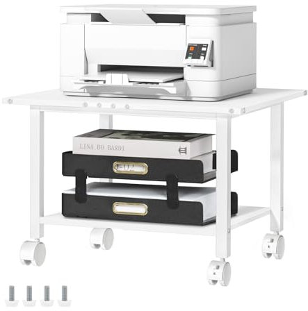 LELELINKY Druckertisch mit Rollen, Mobiler 2 Stöckiger Druckerständer, Druckerhalter mit Arretierbaren Rädern, Druckerwagen für Büro, Fax und Zuhause, 52,5 x 40 x 36 cm, Weiß